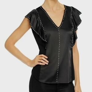 Generation Love Womens Black Studded Mixed Media Blouse Size XS